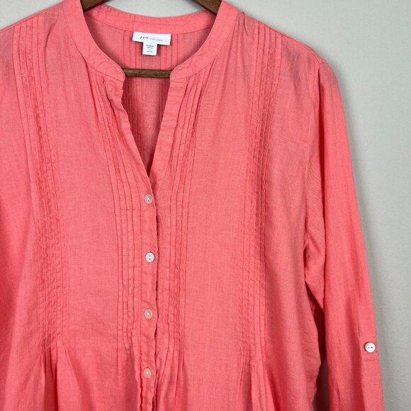 J Jill Love Linen Tunic Top LP Petite Large Coral Lagenlook Button Up Shirt - Picture 6 of 12